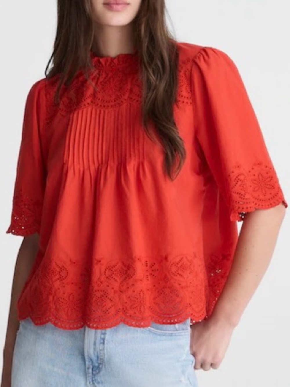 Madewell Embroidered Pintuck High Neck Top Wild Poppy Red NWT Small $110